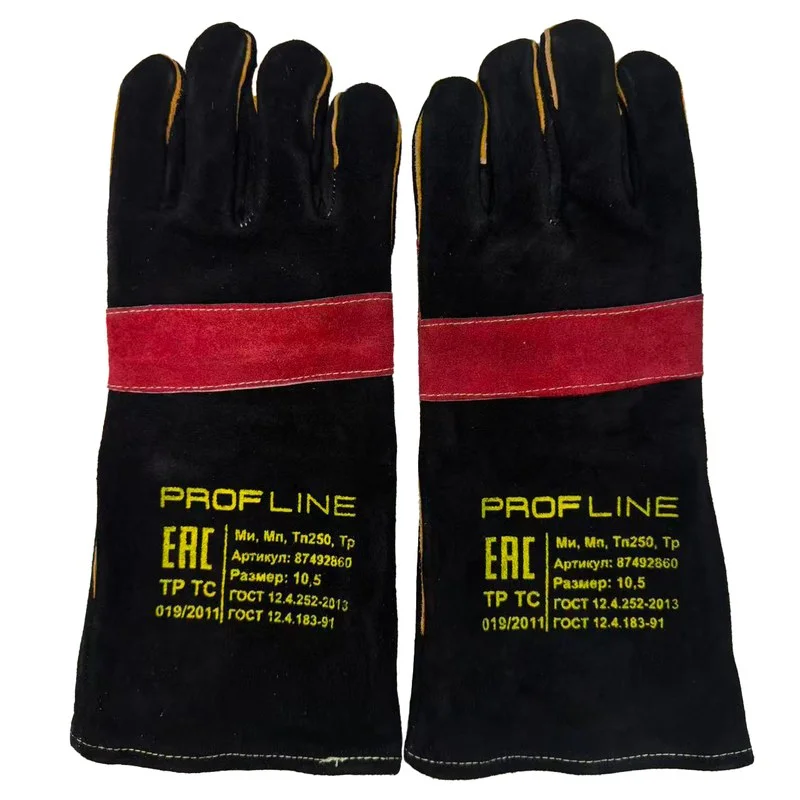 Перчатки (краги) спилковые усиленные термозащитные ProfLineLeader, черный/красный