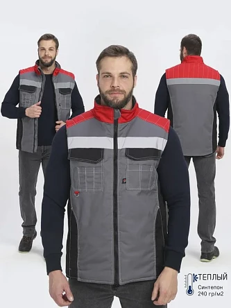 Жилет утепленный Вектрон СОП (тк.Смесовая,240), серый/черный/красный